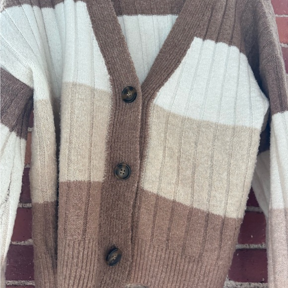 Pink Rose Sweaters - Pink Rose Striped Knit Cardigan in Pink & Cream